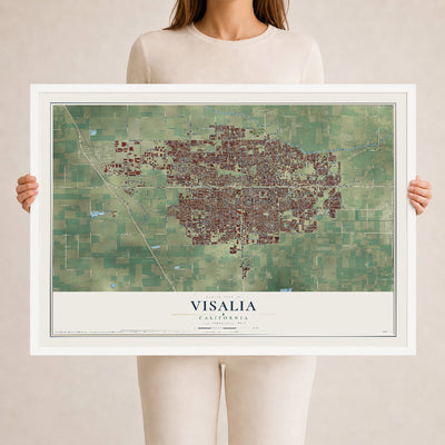 Map of Visalia, California, 24 x 36 inch print in a white wood frame