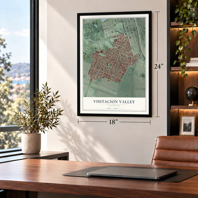 Visitacion Valley, California map, 18 x 24 inch print in a black frame in a home office