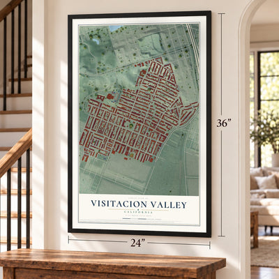 Visitacion Valley, California map, 24 x 36 inch print in a black frame by a staircase