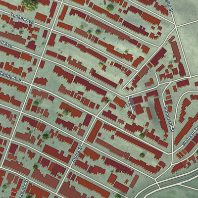 Close-up of the map of Visitacion Valley, California print showing street and building detail