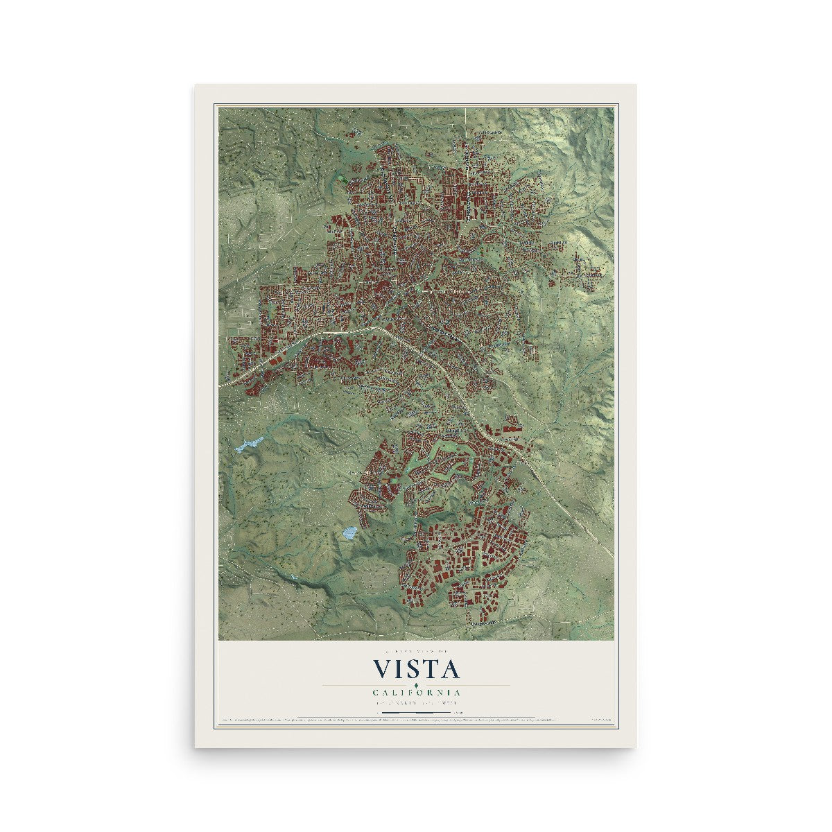 Map of Vista, California, 12 x 18 inch unframed archival matte print