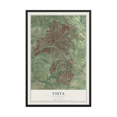 Map of Vista, California, 12 x 18 inch print in a black wood frame