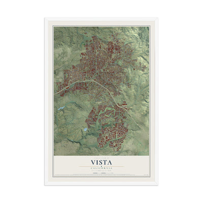 Map of Vista, California, 12 x 18 inch print in a white wood frame