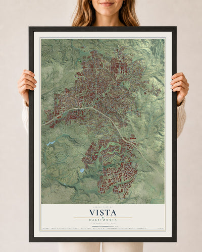 Map of Vista, California, 24 x 36 inch print in a black wood frame