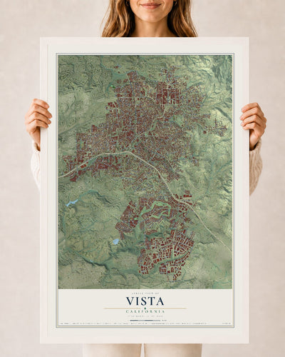 Map of Vista, California, 24 x 36 inch print in a white wood frame