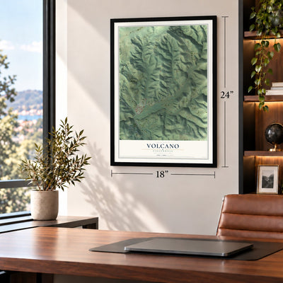 Volcano, California map, 18 x 24 inch print in a black frame in a home office