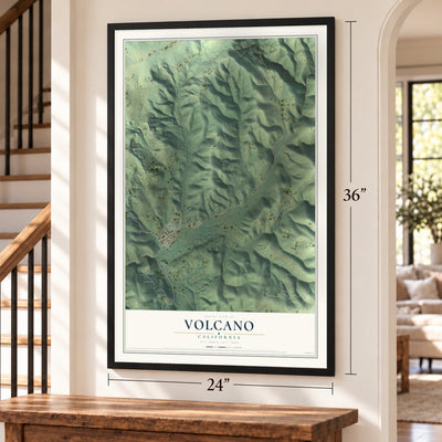 Volcano, California map, 24 x 36 inch print in a black frame by a staircase