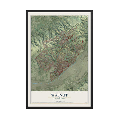 Map of Walnut, California, 12 x 18 inch print in a black wood frame