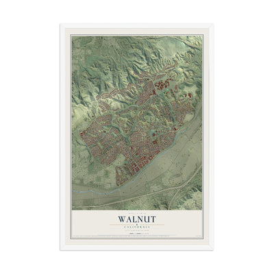 Map of Walnut, California, 12 x 18 inch print in a white wood frame
