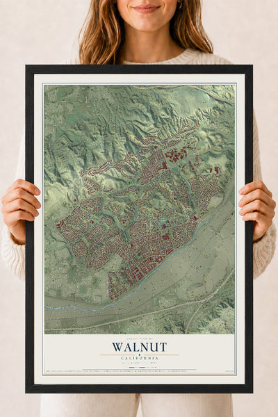 Map of Walnut, California, 18 x 24 inch print in a black wood frame