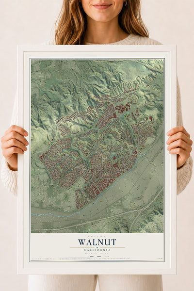 Map of Walnut, California, 18 x 24 inch print in a white wood frame