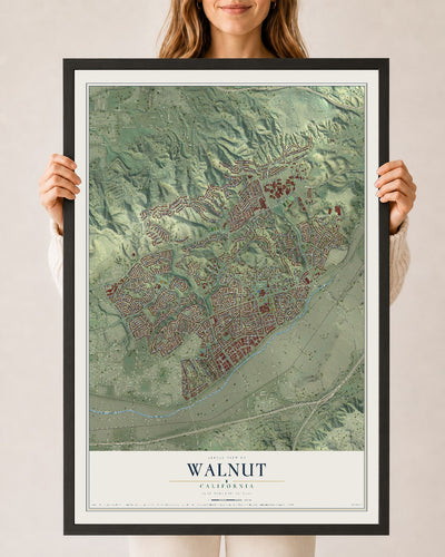 Map of Walnut, California, 24 x 36 inch print in a black wood frame