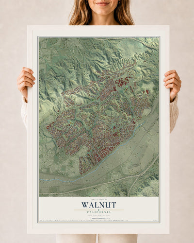 Map of Walnut, California, 24 x 36 inch print in a white wood frame