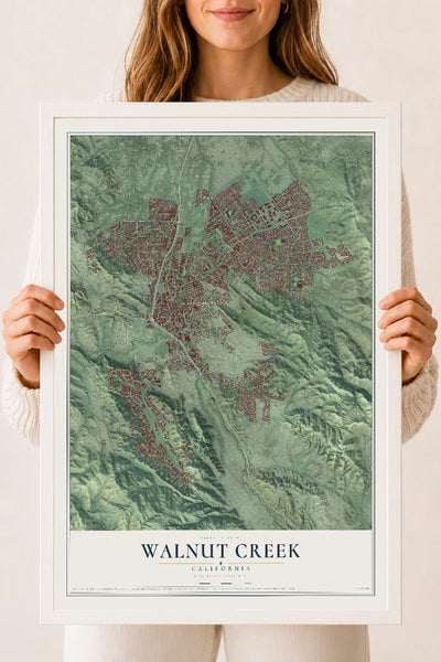 Map of Walnut Creek, California, 18 x 24 inch print in a white wood frame