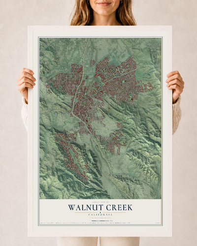 Map of Walnut Creek, California, 24 x 36 inch print in a white wood frame