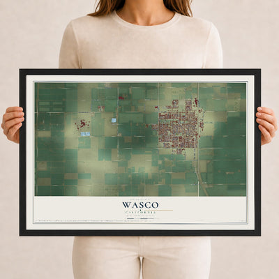 Map of Wasco, California, 12 x 18 inch print in a black wood frame
