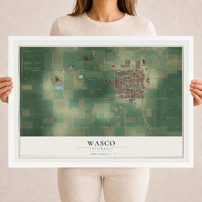 Map of Wasco, California, 18 x 24 inch print in a white wood frame
