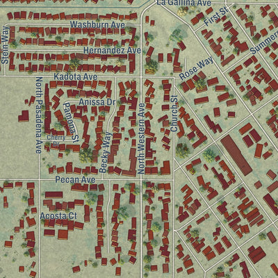Close-up of the map of Waterford, California print showing street and building detail