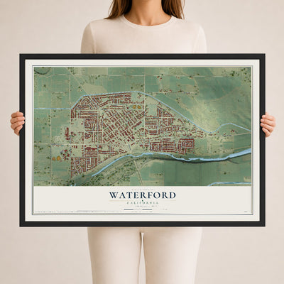 Map of Waterford, California, 24 x 36 inch print in a black wood frame