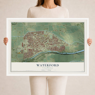 Map of Waterford, California, 24 x 36 inch print in a white wood frame