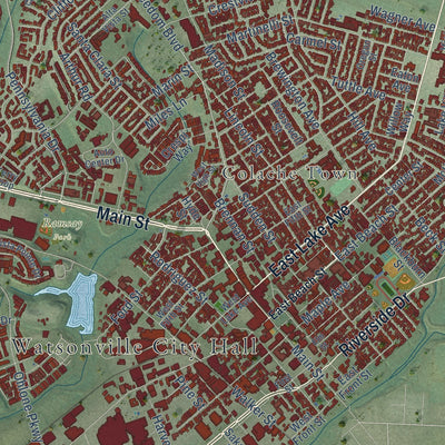 Close-up of the map of Watsonville, California print showing street and building detail