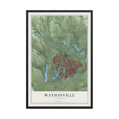 Map of Watsonville, California, 12 x 18 inch print in a black wood frame