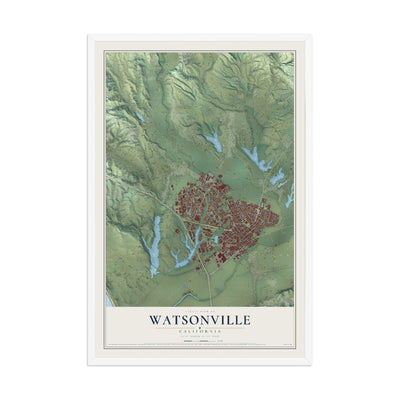 Map of Watsonville, California, 12 x 18 inch print in a white wood frame