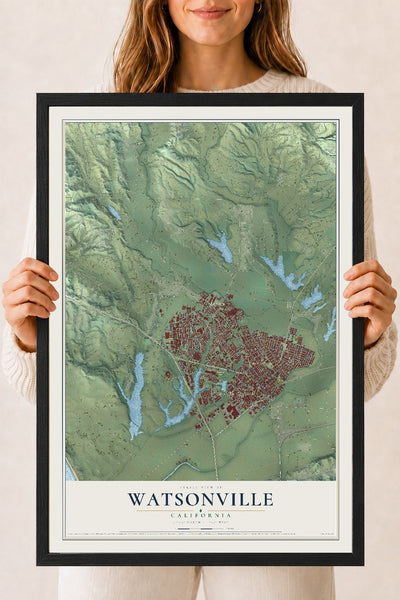 Map of Watsonville, California, 18 x 24 inch print in a black wood frame