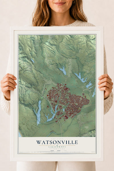 Map of Watsonville, California, 18 x 24 inch print in a white wood frame
