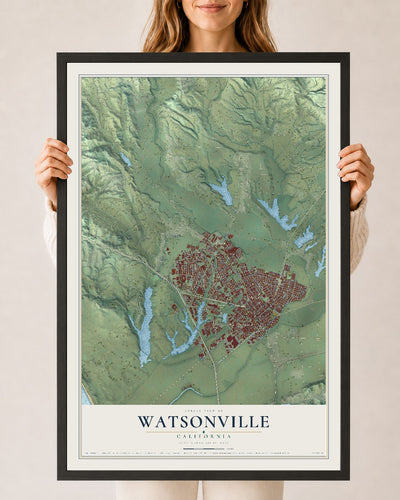 Map of Watsonville, California, 24 x 36 inch print in a black wood frame