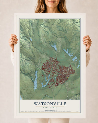 Map of Watsonville, California, 24 x 36 inch print in a white wood frame