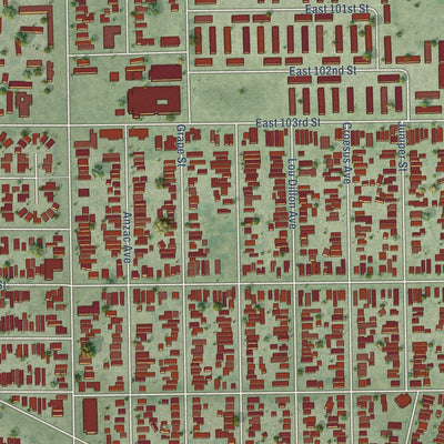 Close-up of the map of Watts, California print showing street and building detail