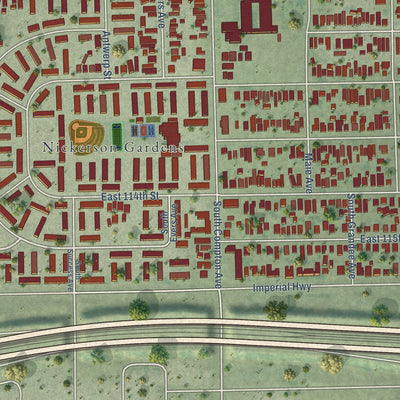 Second close-up of the map of Watts, California print showing more streets and buildings