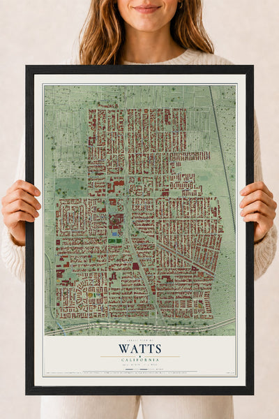 Map of Watts, California, 18 x 24 inch print in a black wood frame