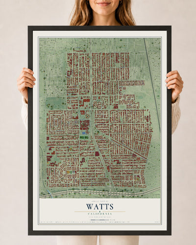Map of Watts, California, 24 x 36 inch print in a black wood frame