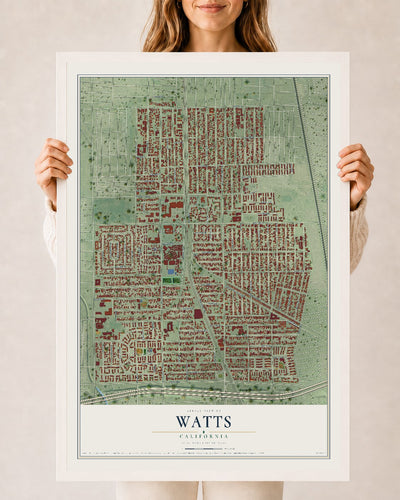 Map of Watts, California, 24 x 36 inch print in a white wood frame