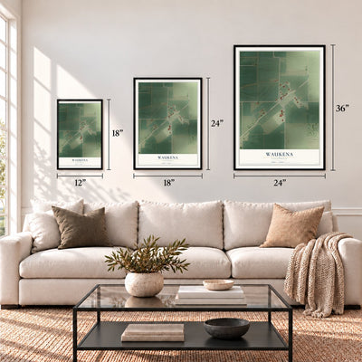 Waukena, California map in 12 x 18, 18 x 24 and 24 x 36 inch sizes above a sofa
