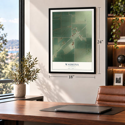 Waukena, California map, 18 x 24 inch print in a black frame in a home office