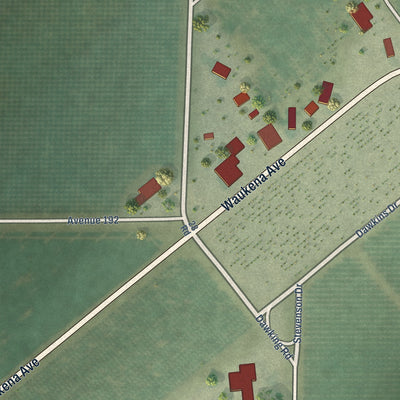 Close-up of the map of Waukena, California print showing street and building detail