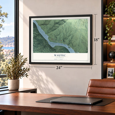 Wautec, California map, 18 x 24 inch print in a black frame in a home office