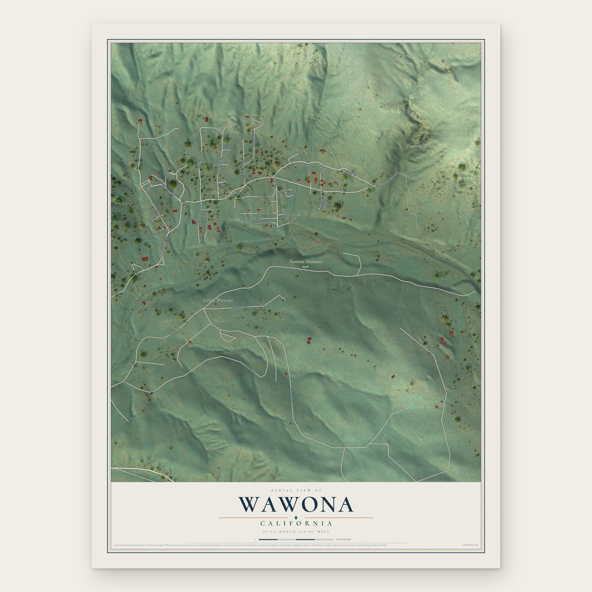 Wawona, California map print, the full design