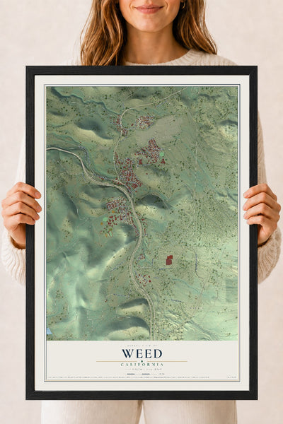 Map of Weed, California, 18 x 24 inch print in a black wood frame