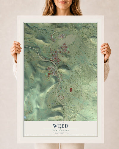 Map of Weed, California, 24 x 36 inch print in a white wood frame