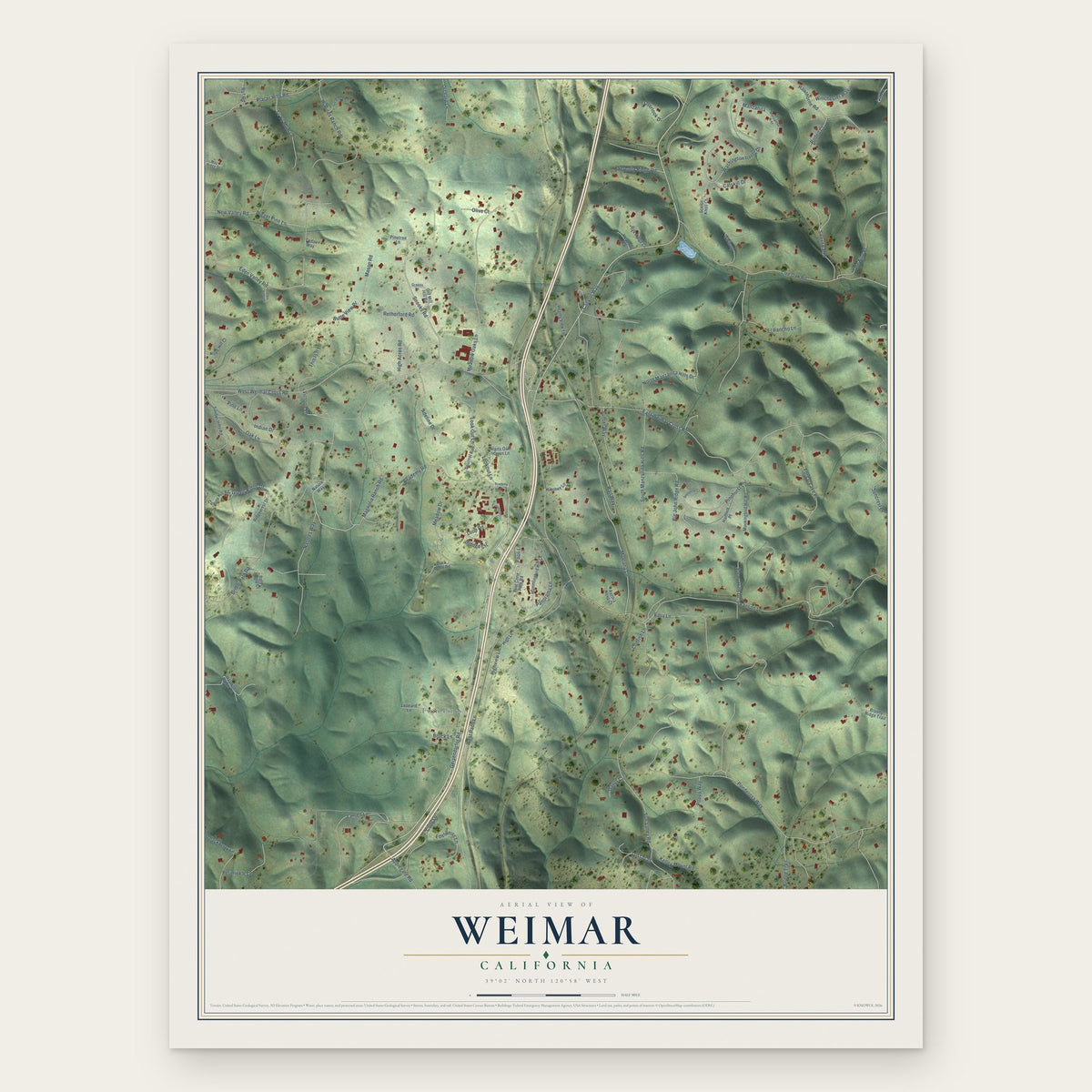 Weimar, California map print, the full design