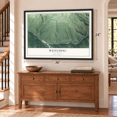 Weitchpec, California map, 24 x 36 inch print in a black frame above a dresser by a staircase