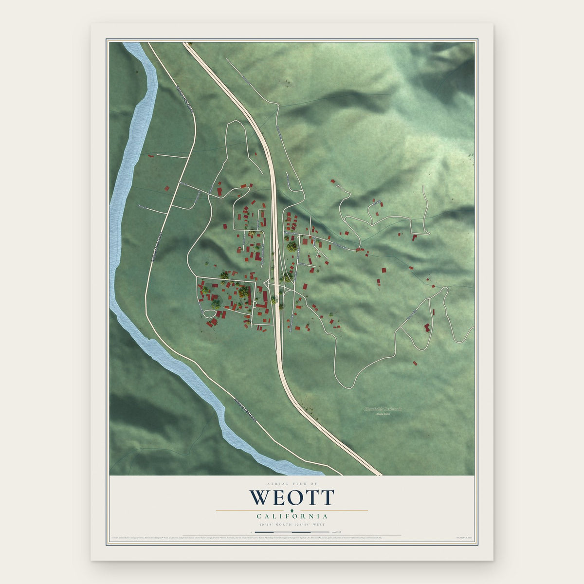 Weott, California map print, the full design