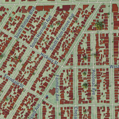 Close-up of the map of West Adams, California print showing street and building detail