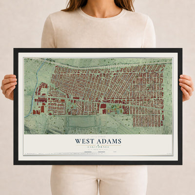 Map of West Adams, California, 12 x 18 inch print in a black wood frame