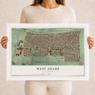 Map of West Adams, California, 12 x 18 inch print in a white wood frame