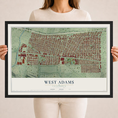 Map of West Adams, California, 18 x 24 inch print in a black wood frame